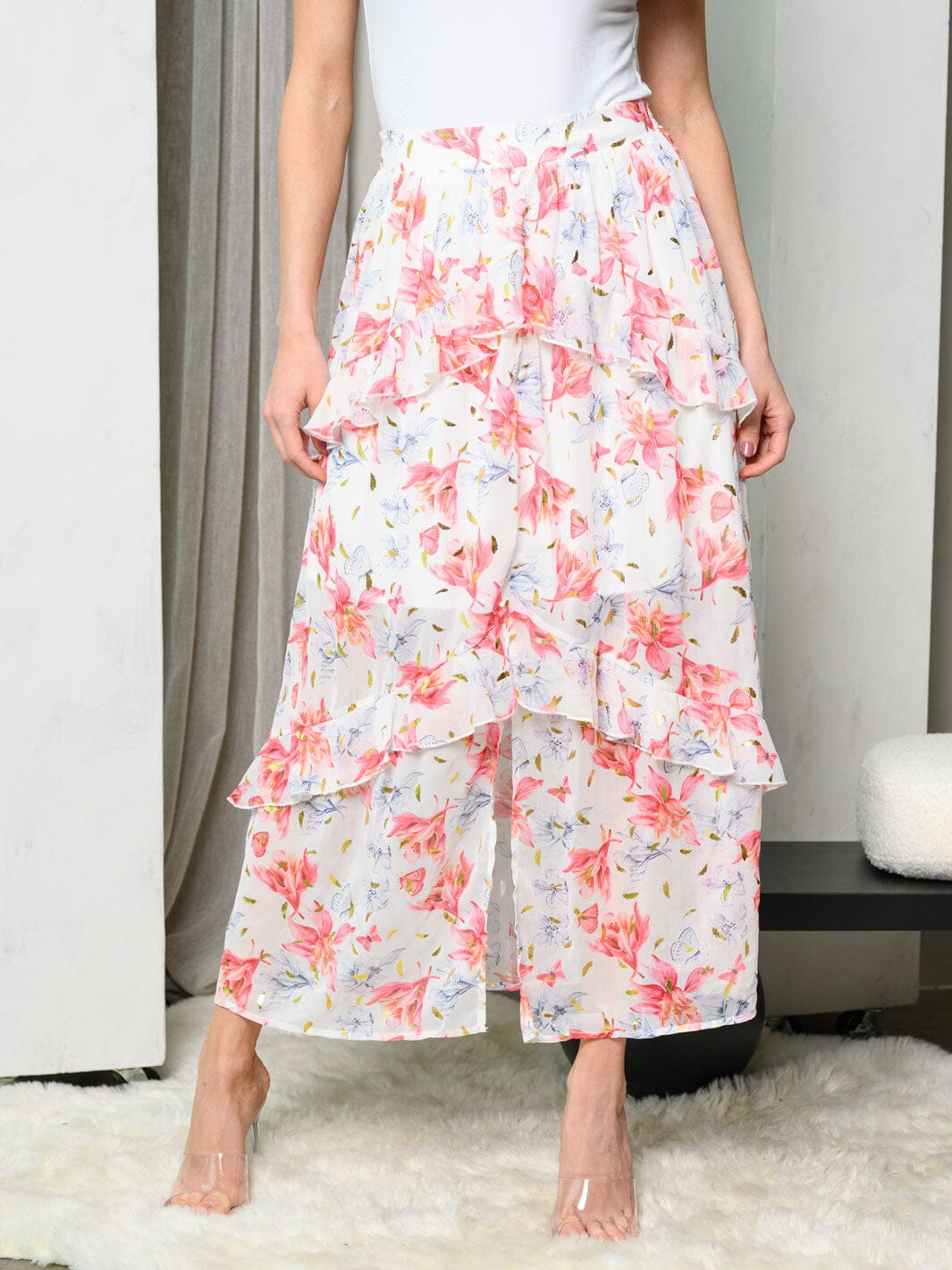 WOMEN'S TIERED RUFFLE FLORAL MAXI SKIRT