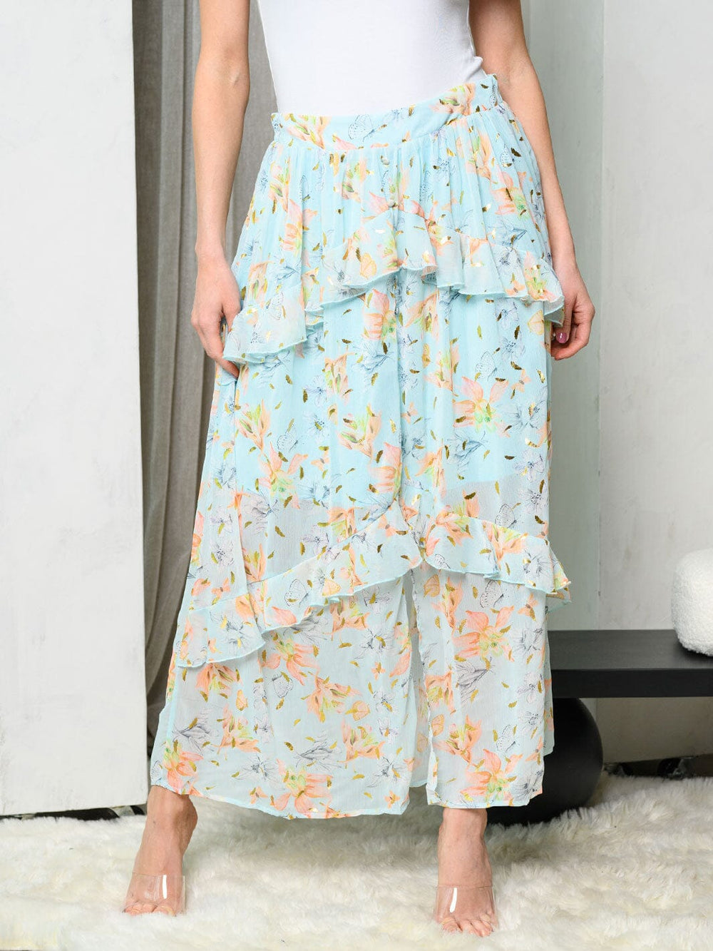 WOMEN'S TIERED RUFFLE FLORAL MAXI SKIRT