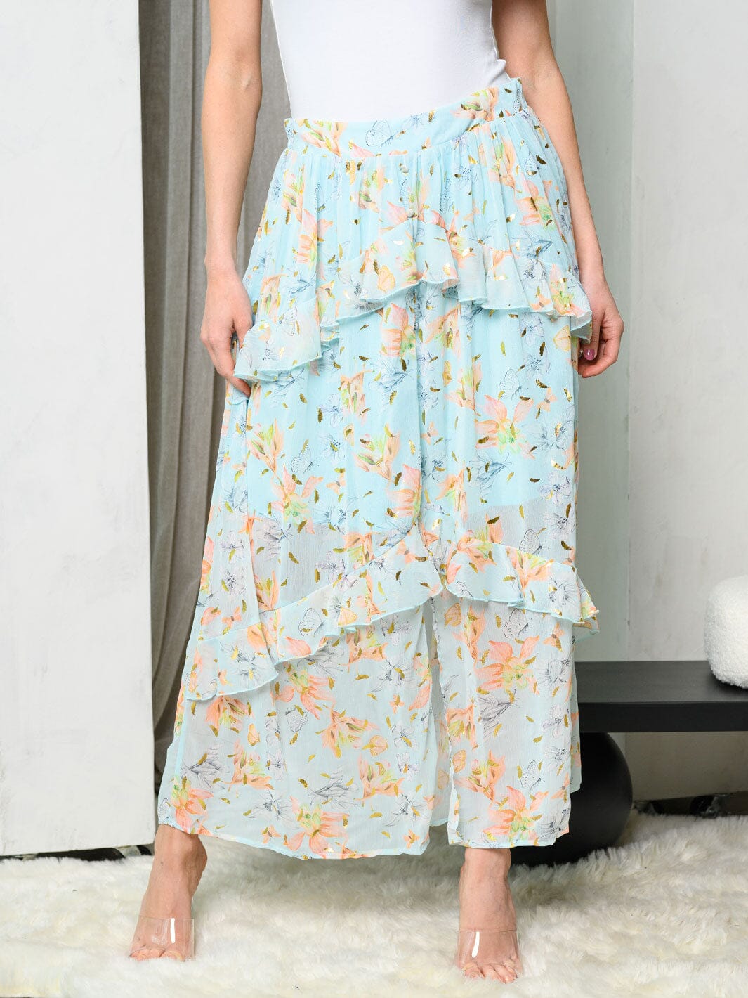 WOMEN'S TIERED RUFFLE FLORAL MAXI SKIRT