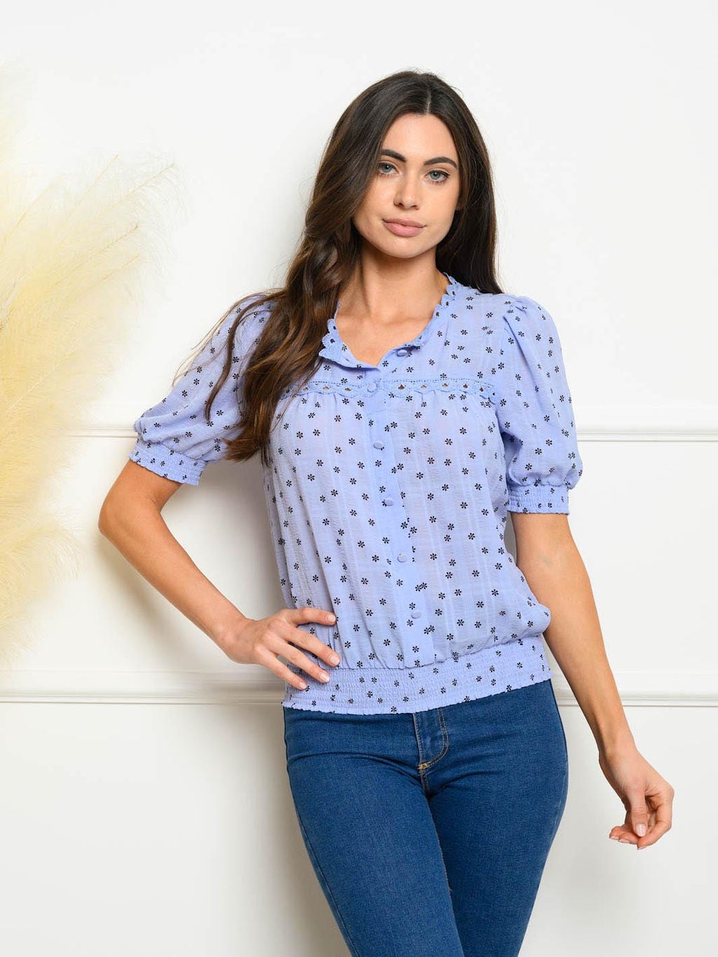 WOMEN'S PUFF SHORT SLEEVE FLORAL TOP