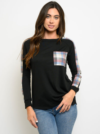 WOMEN'S PLAID LONG SLEEVE FRONT POCKET TOP