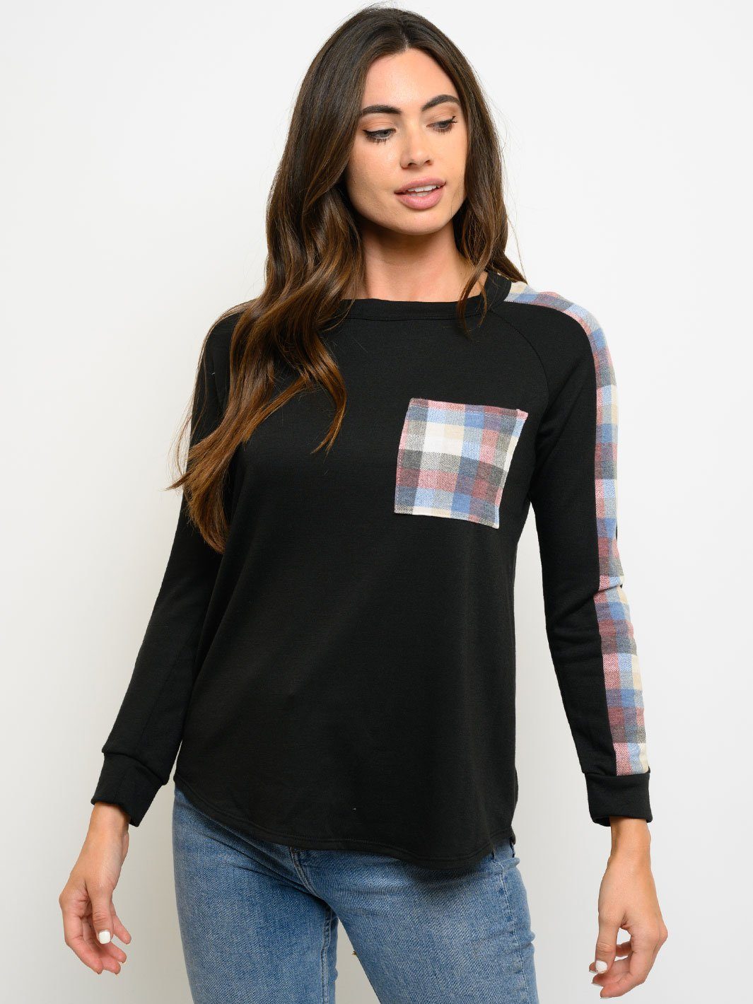 WOMEN'S PLAID LONG SLEEVE FRONT POCKET TOP