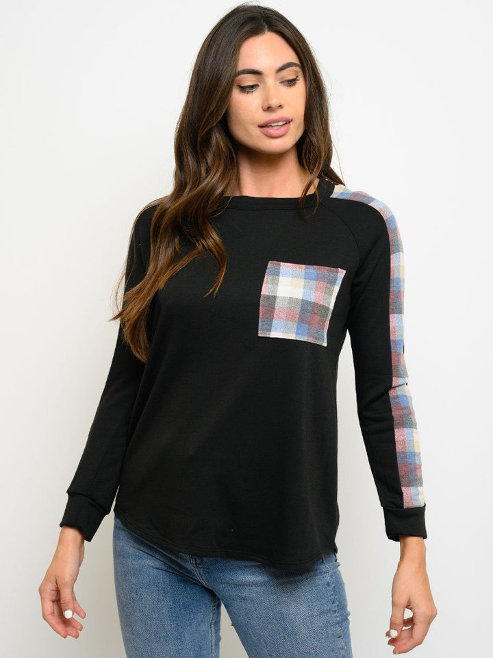 WOMEN'S PLAID LONG SLEEVE FRONT POCKET TOP