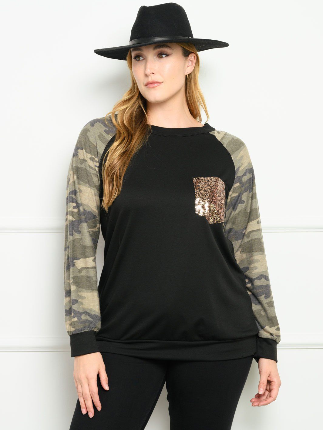 PLUS SIZE LONG SLEEVE CAMO PRINT SOLID TOP