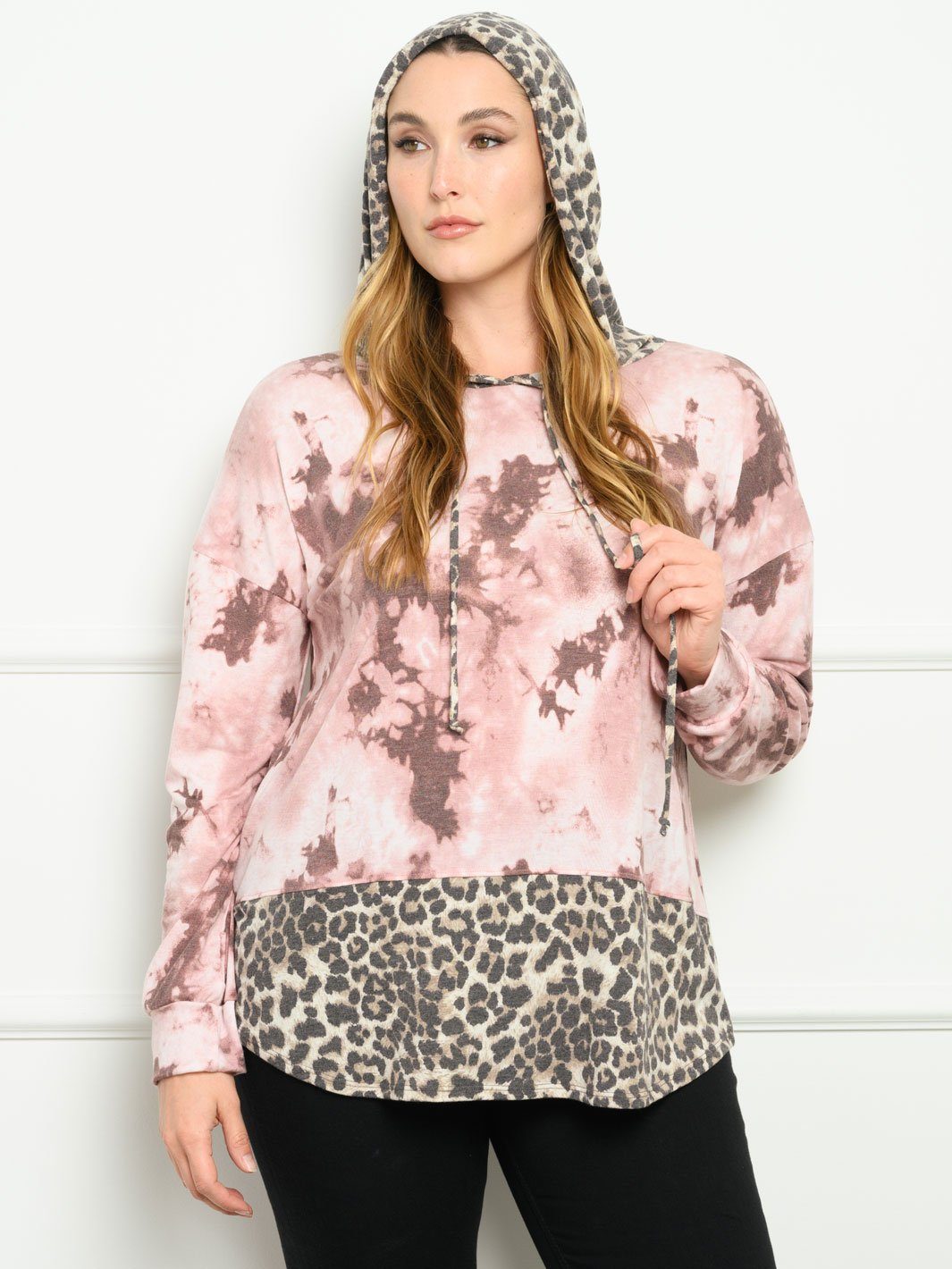 PLUS SIZE LONG SLEEVE TIE DYE ANIMAL PRINT HOODIE TOP