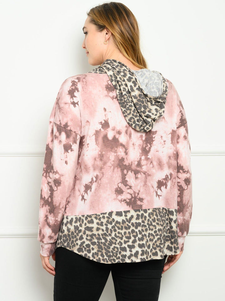 PLUS SIZE LONG SLEEVE TIE DYE ANIMAL PRINT HOODIE TOP