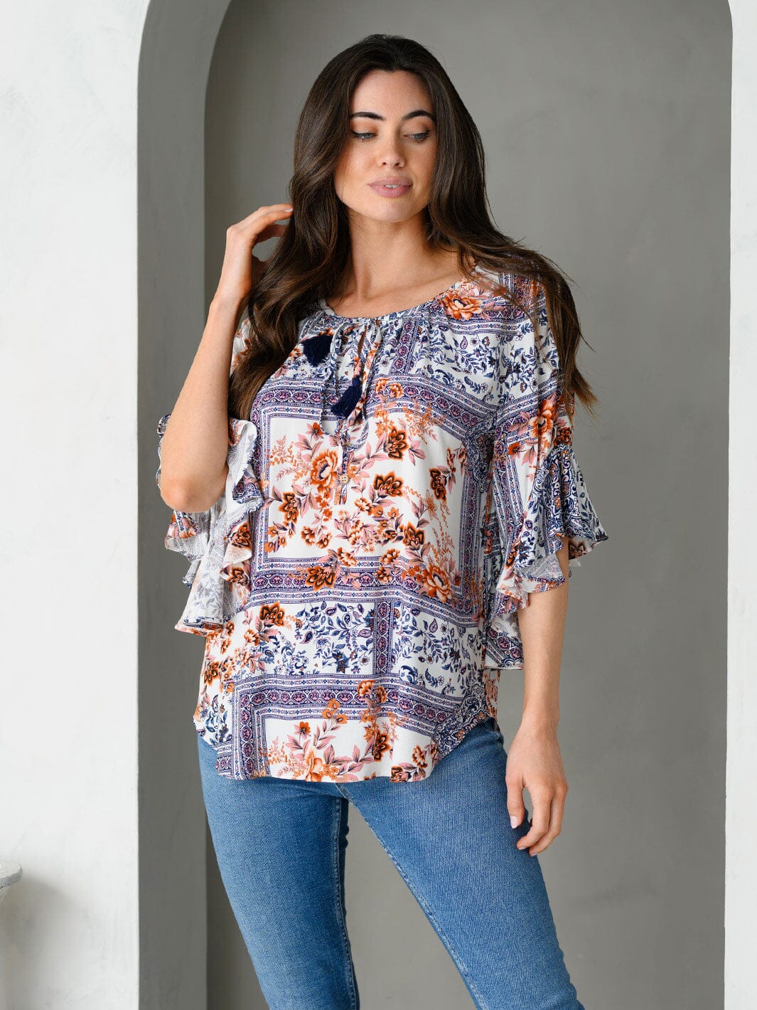 WOMEN'S 3/4 FLARE SLEEVE MULTI PRINT TOP – Wholesalefashiontrends.com