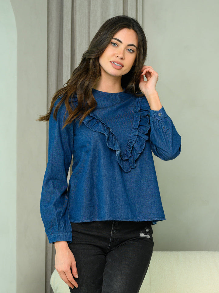 WOMEN'S LONG SLEEVE RUFFLE DETAILED CHAMBRAY TOP