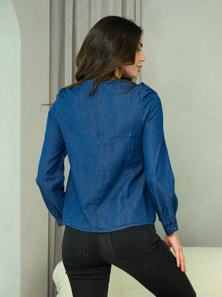 WOMEN'S LONG SLEEVE RUFFLE DETAILED CHAMBRAY TOP