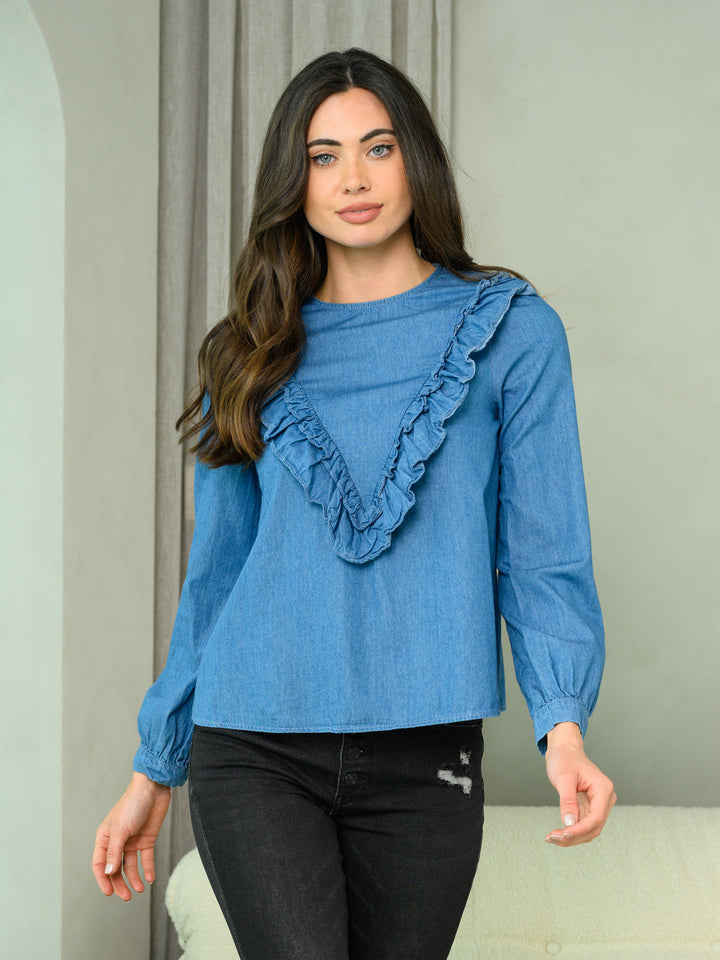 WOMEN'S LONG SLEEVE RUFFLE DETAILED CHAMBRAY TOP