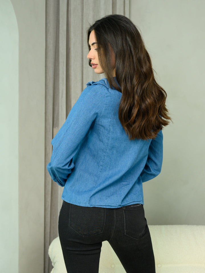 WOMEN'S LONG SLEEVE RUFFLE DETAILED CHAMBRAY TOP
