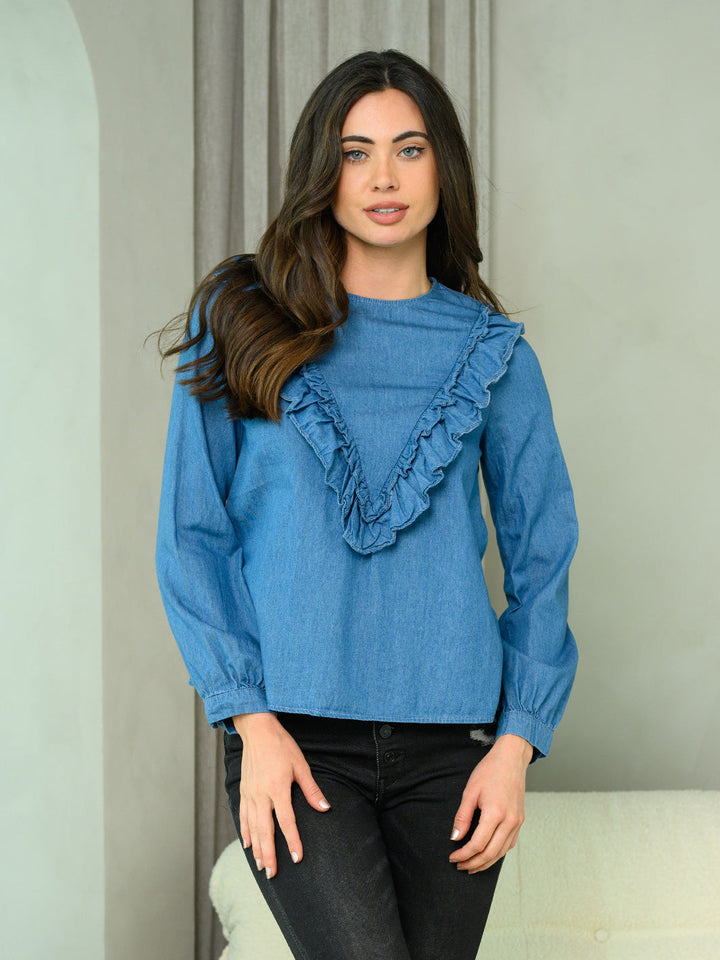 WOMEN'S LONG SLEEVE RUFFLE DETAILED CHAMBRAY TOP