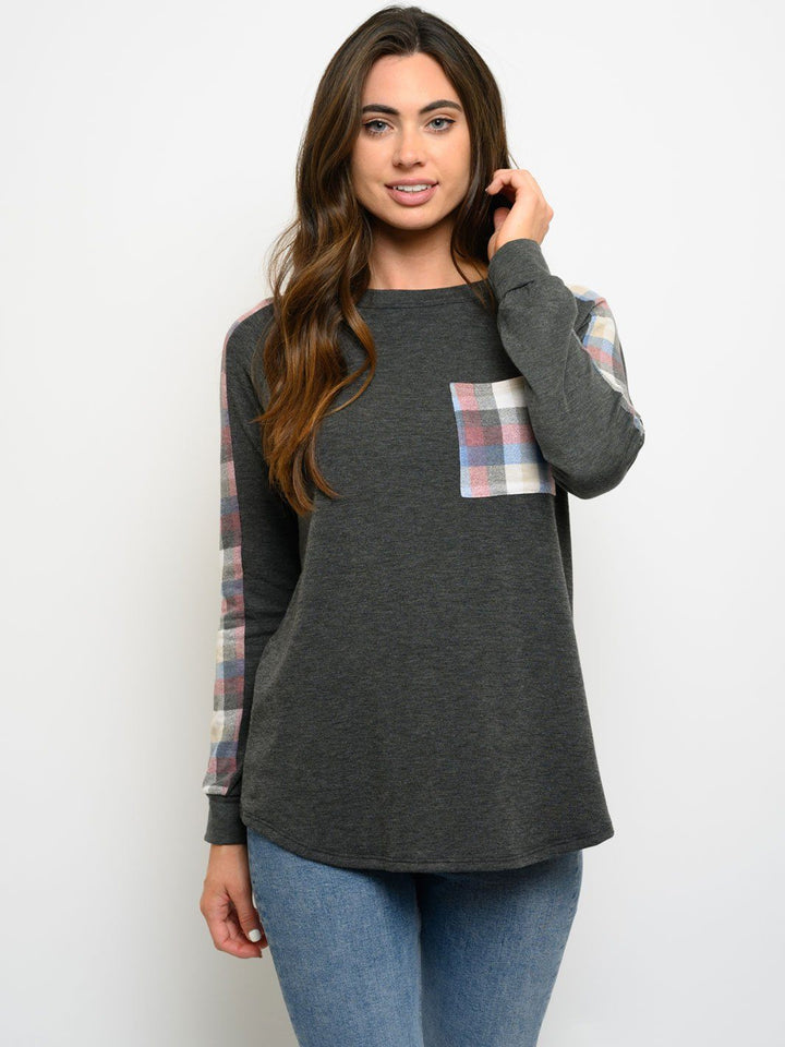 WOMEN'S PLAID LONG SLEEVE FRONT POCKET TOP