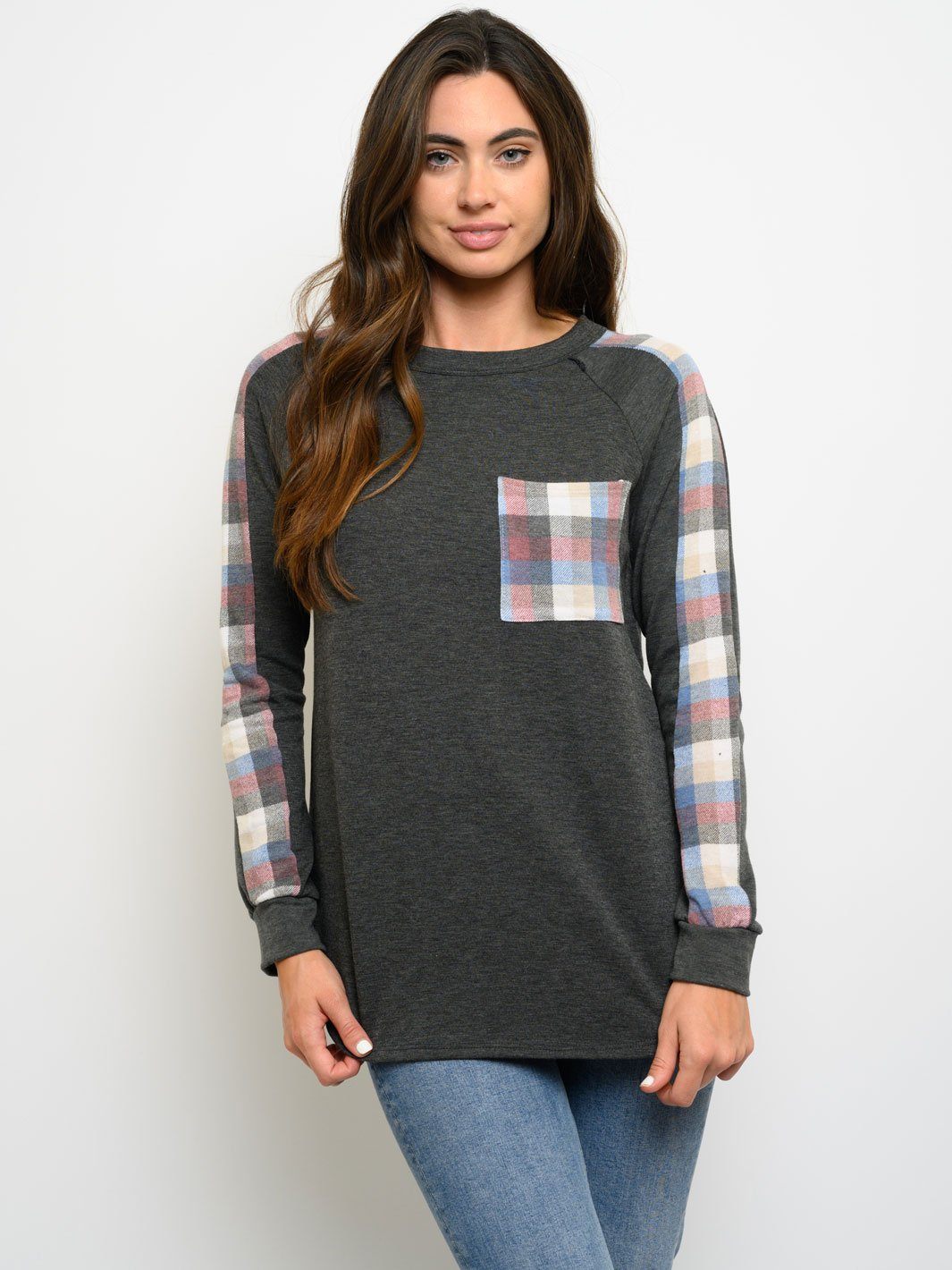 WOMEN'S PLAID LONG SLEEVE FRONT POCKET TOP