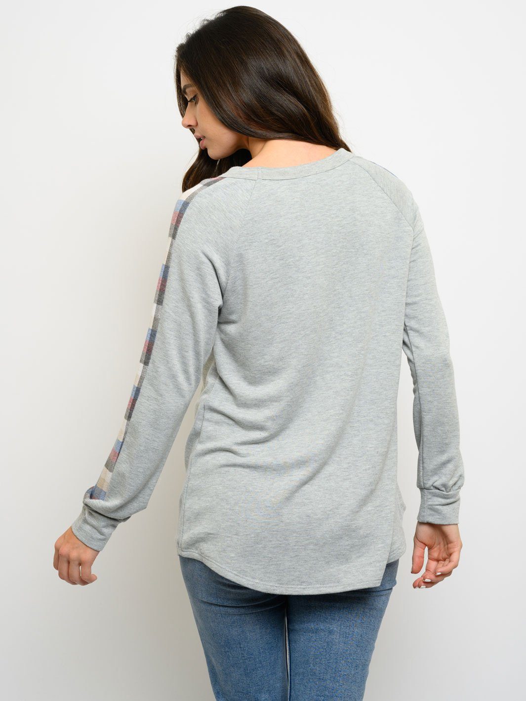 WOMEN'S PLAID LONG SLEEVE FRONT POCKET TOP