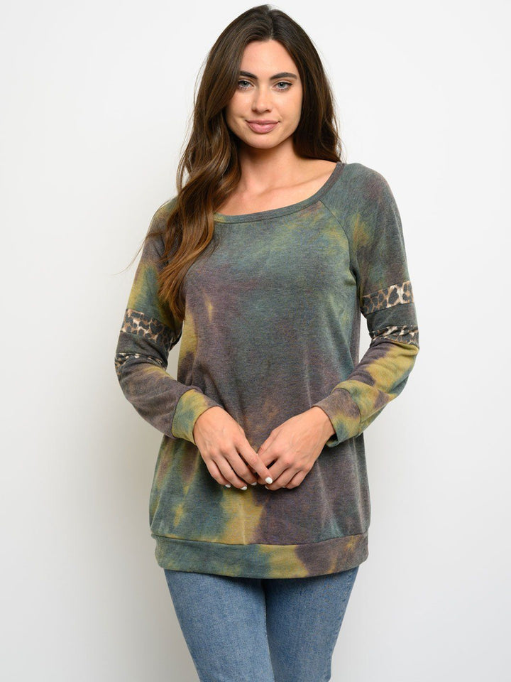 WOMEN'S LONG SLEEVE TIE DYE ANIMAL PRINT TOP