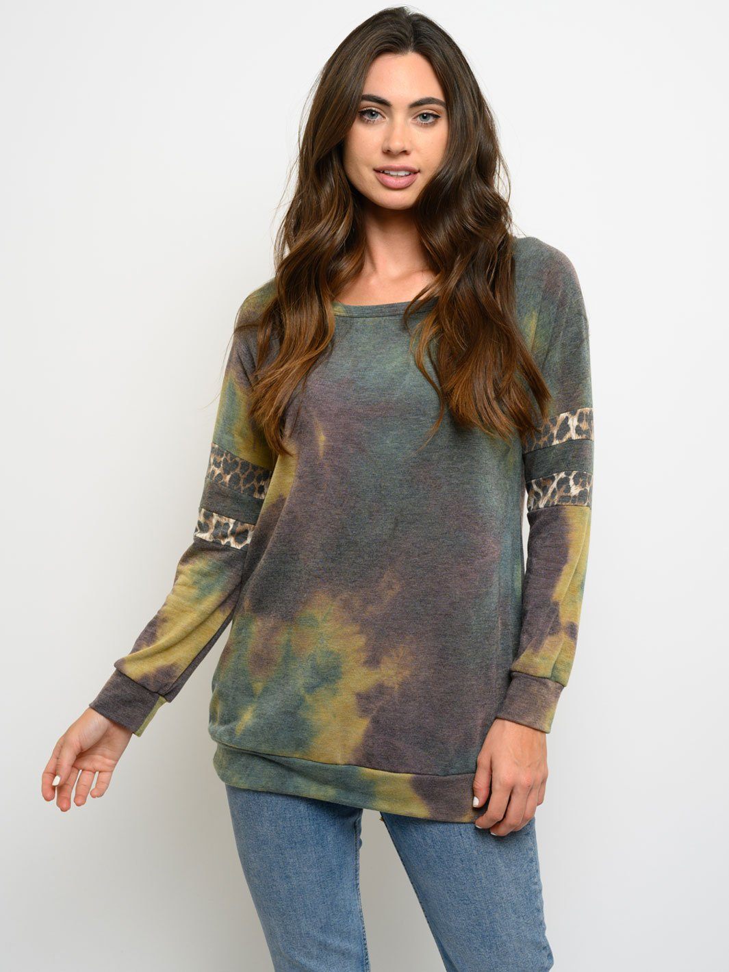 WOMEN'S LONG SLEEVE TIE DYE ANIMAL PRINT TOP