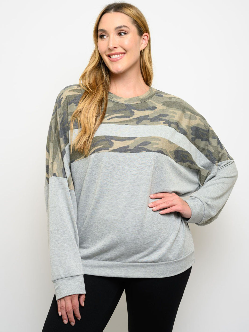 PLUS SIZE ARMY PRINT LONG SLEEVE TOP