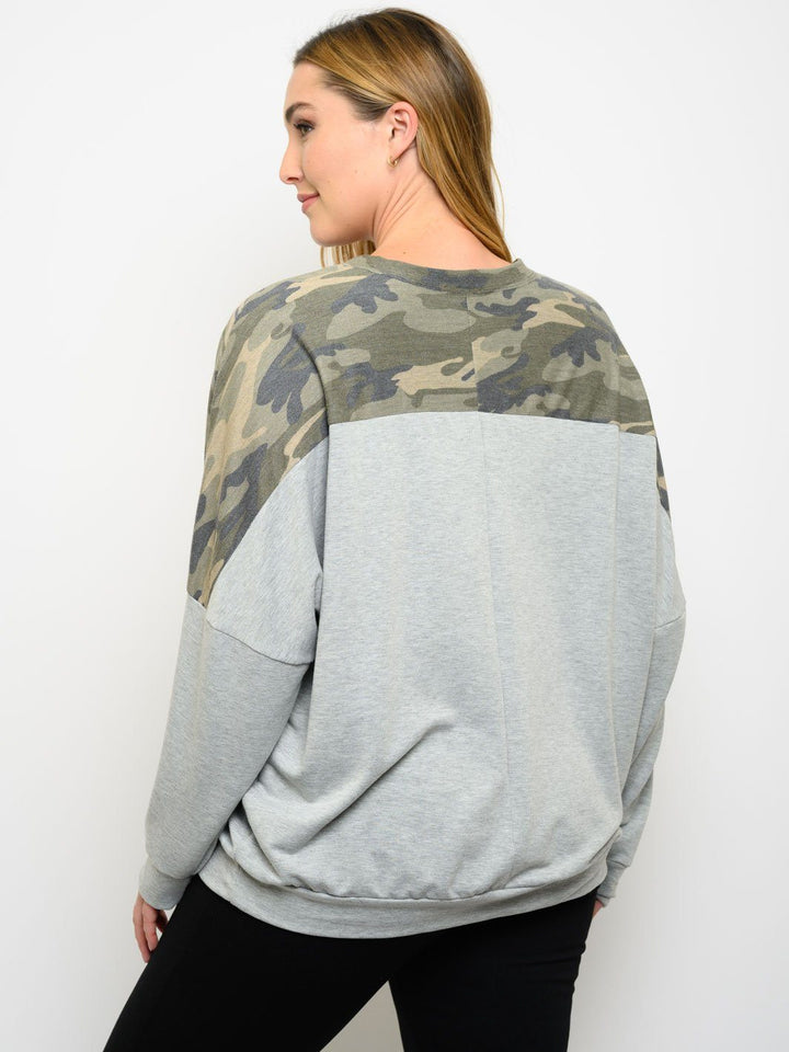 PLUS SIZE ARMY PRINT LONG SLEEVE TOP