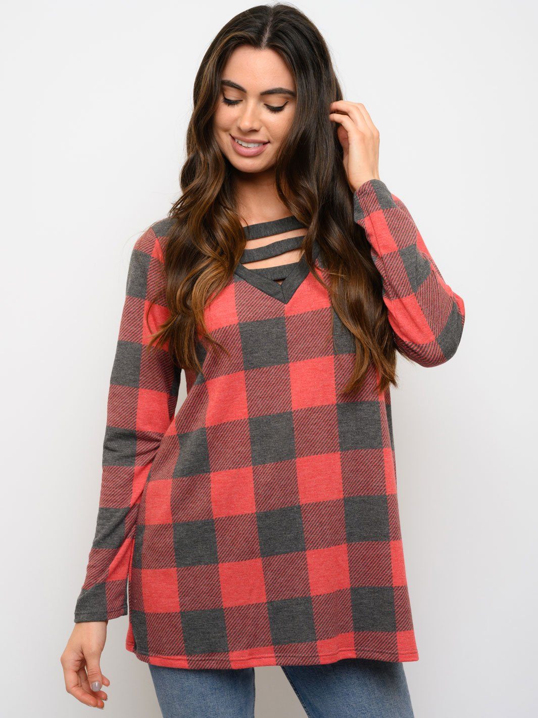 WOMEN'S TUNIC PLAID PRINT LONG SLEEVE TOP