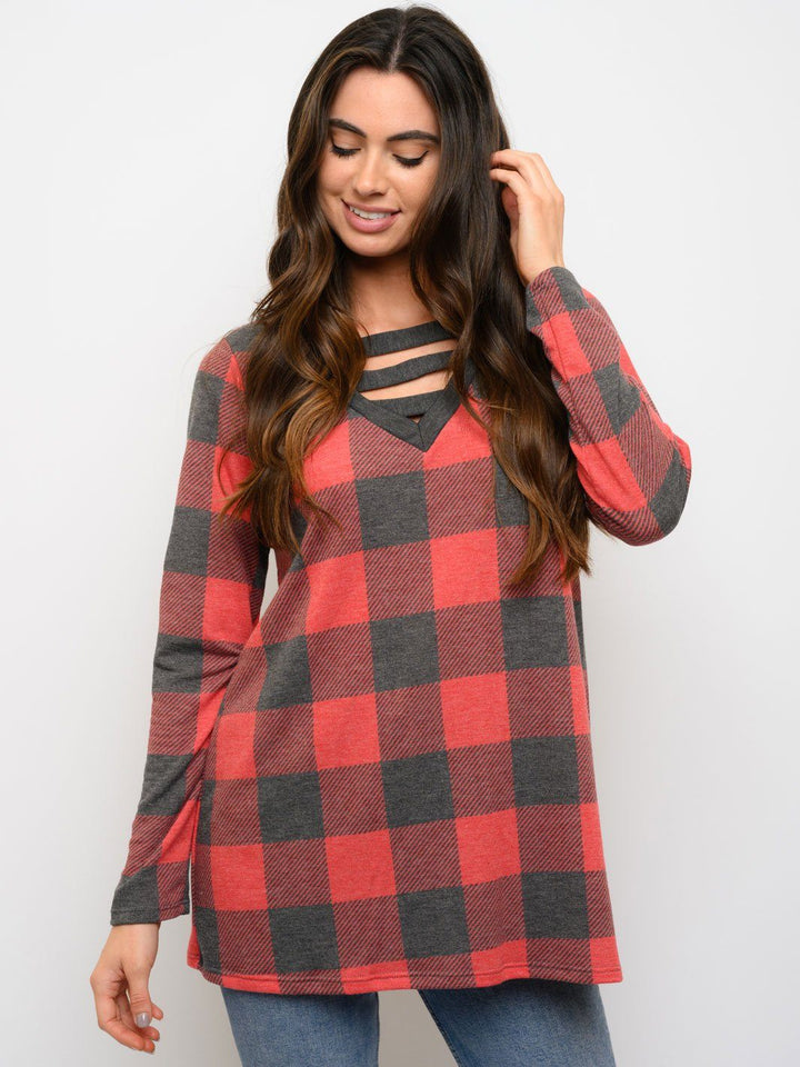 WOMEN'S TUNIC PLAID PRINT LONG SLEEVE TOP