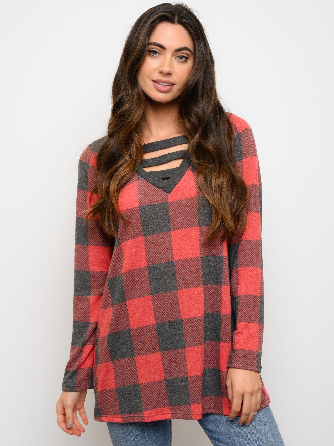 WOMEN'S TUNIC PLAID PRINT LONG SLEEVE TOP