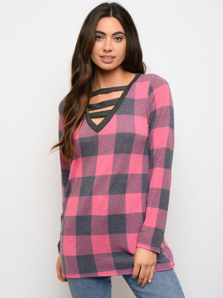 WOMEN'S TUNIC PLAID PRINT LONG SLEEVE TOP