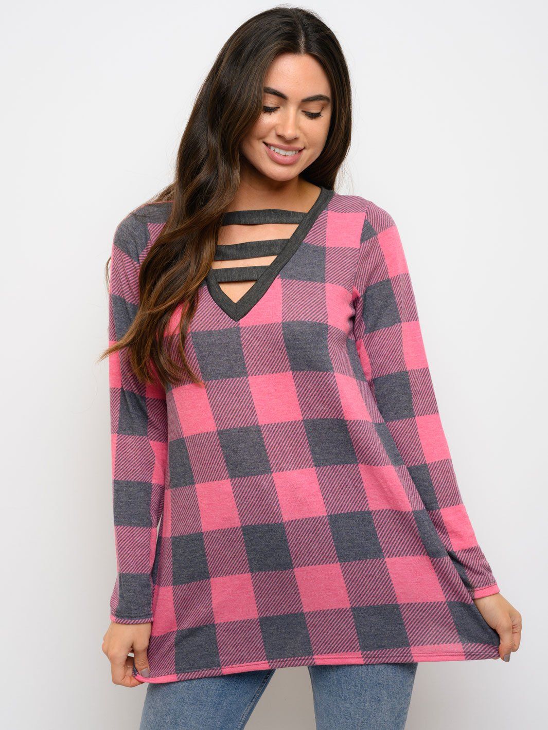 WOMEN'S TUNIC PLAID PRINT LONG SLEEVE TOP