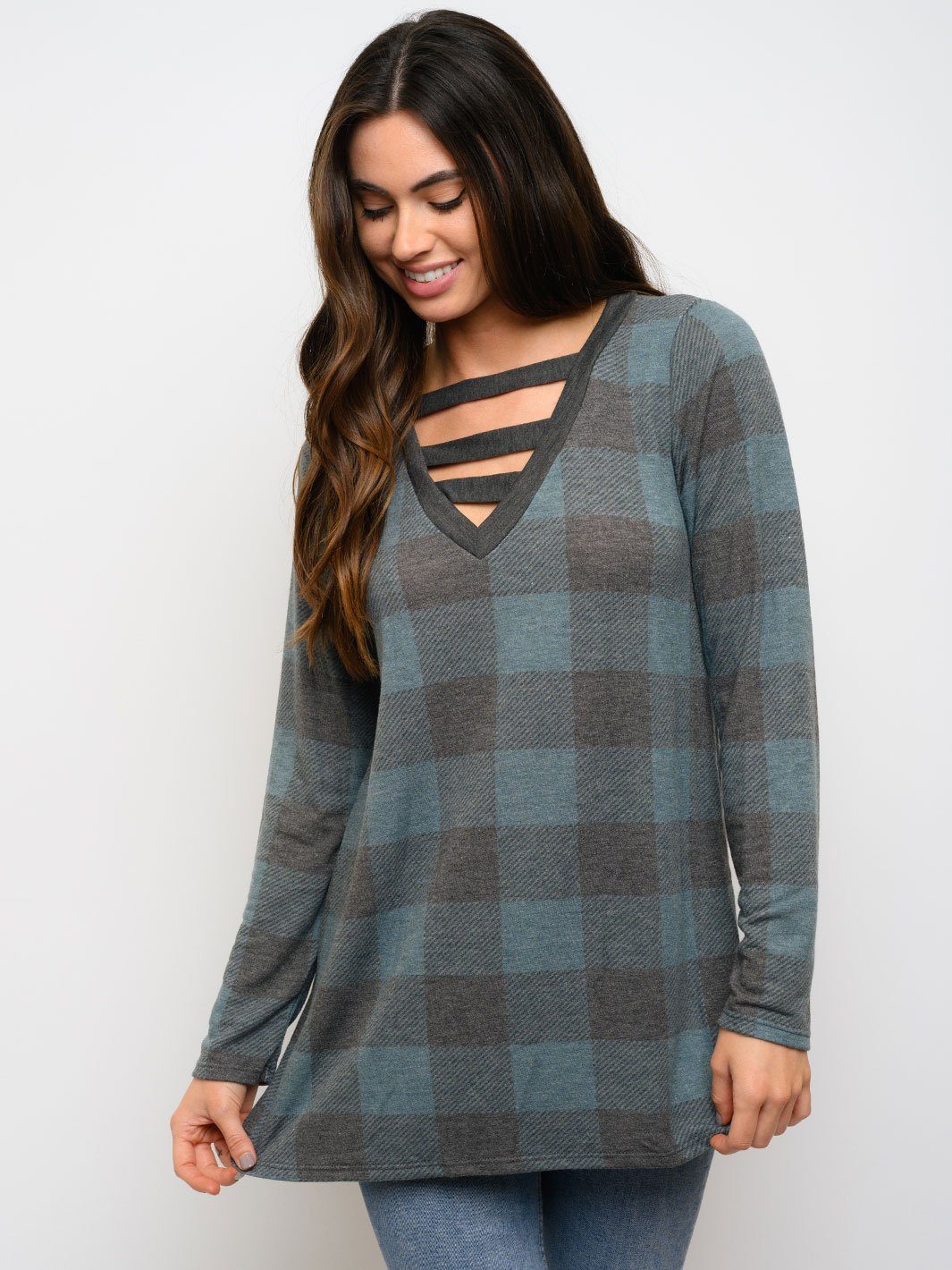 WOMEN'S TUNIC PLAID PRINT LONG SLEEVE TOP