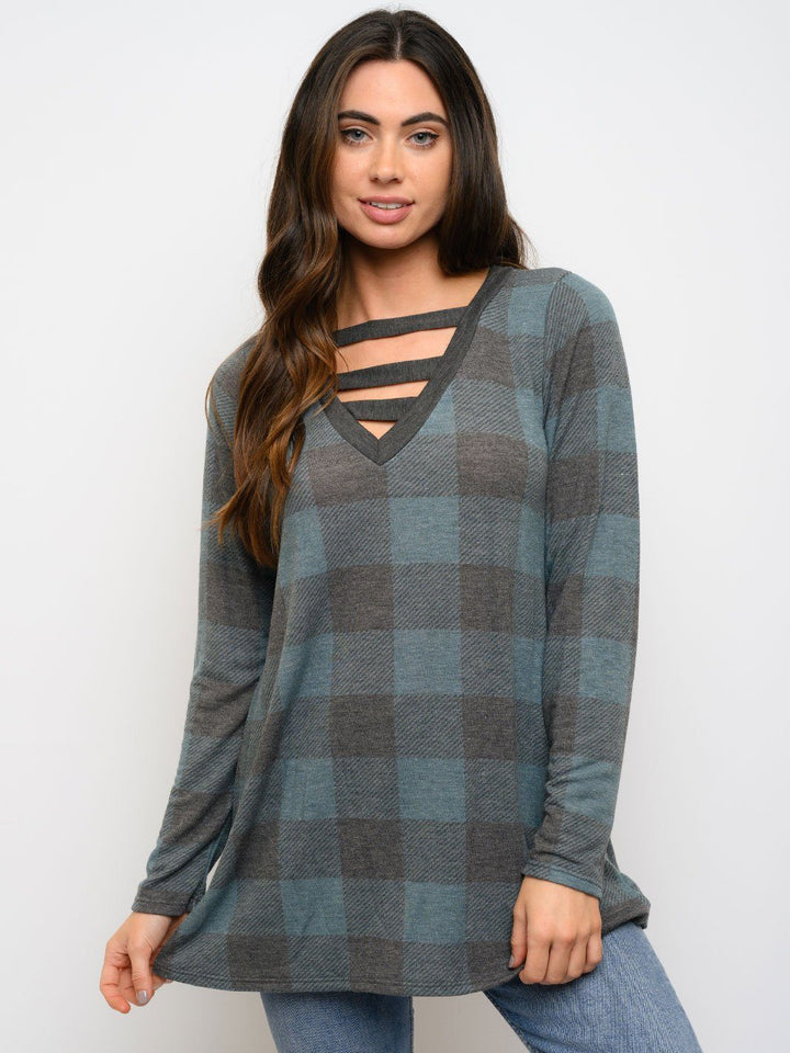 WOMEN'S TUNIC PLAID PRINT LONG SLEEVE TOP