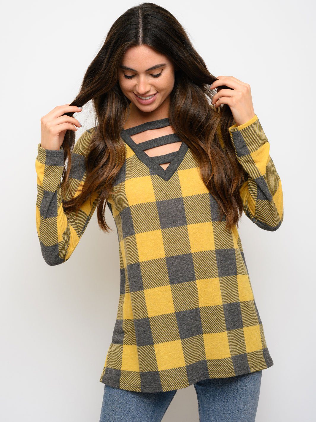 WOMEN'S TUNIC PLAID PRINT LONG SLEEVE TOP