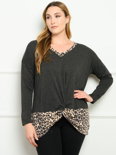 PLUS SIZE LONG SLEEVE ANIMAL PRINT SOLID V-NECK TOP