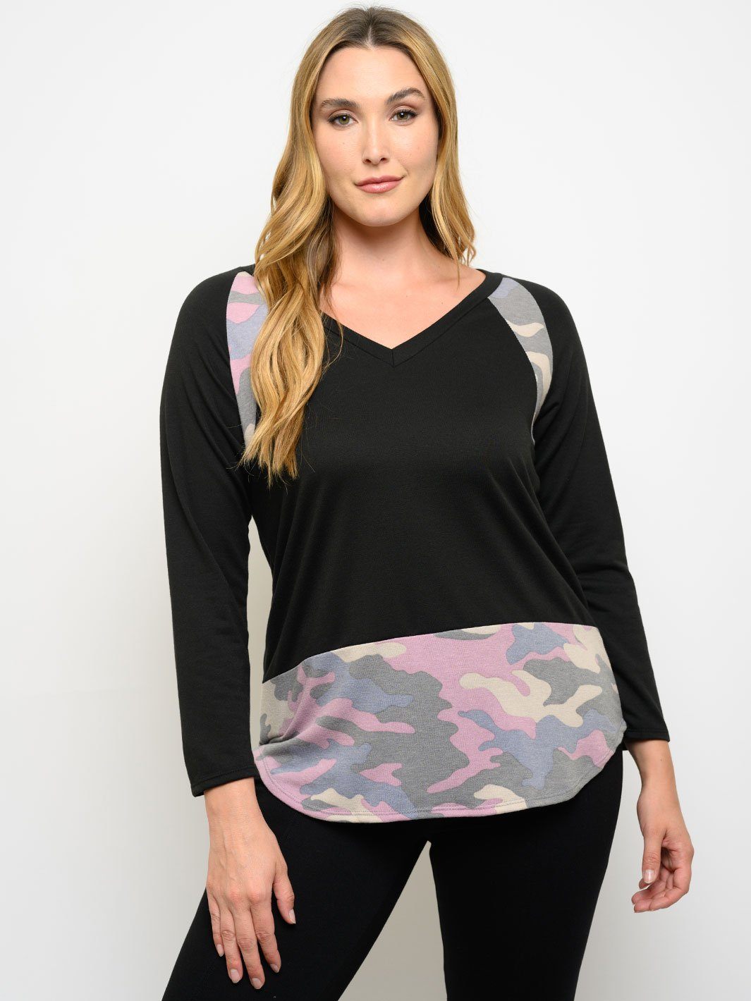 PLUS SIZE CAMO PRINT LONG SLEEVE TOP