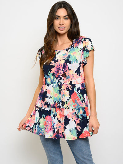WOMEN'S SHORT SLEEVE FLORAL PRINT TIERED TOP