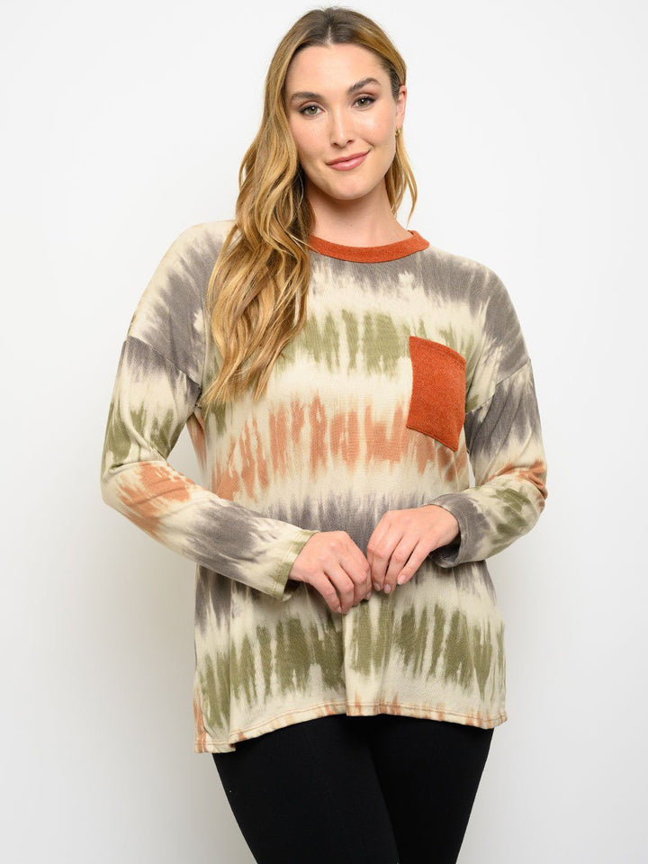 PLUS SIZE TIE DYE FRONT POCKET LONG SLEEVE TOP