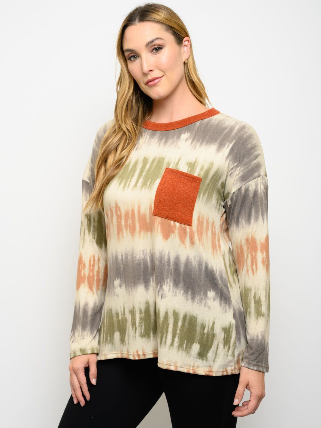 PLUS SIZE TIE DYE FRONT POCKET LONG SLEEVE TOP