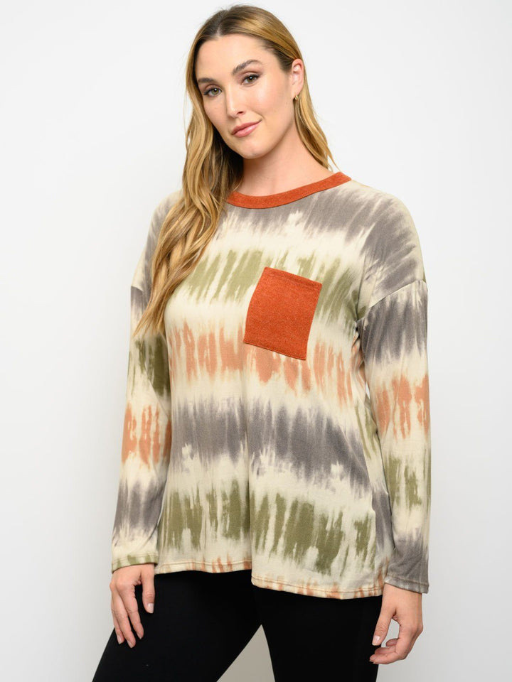 PLUS SIZE TIE DYE FRONT POCKET LONG SLEEVE TOP