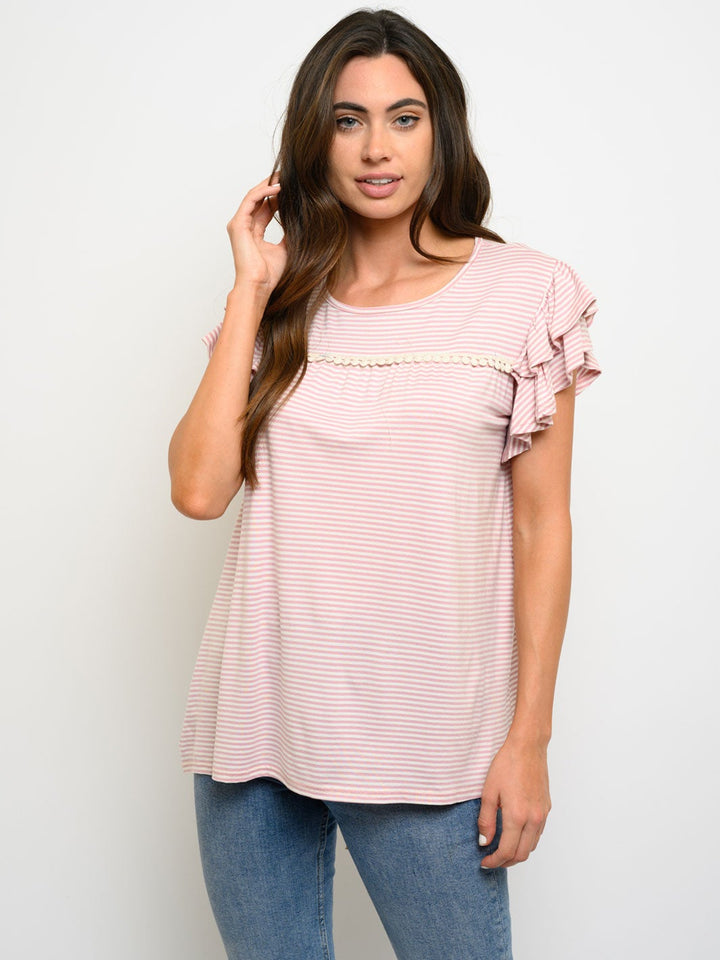WOMEN'S RUFFLE SHORT SLEEVE STRIPES TOP