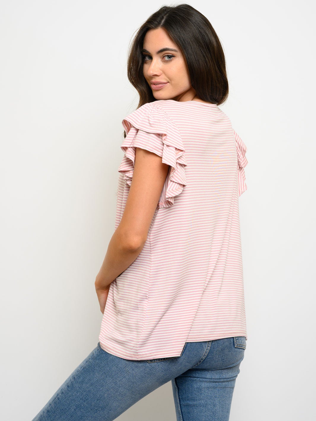 WOMEN'S RUFFLE SHORT SLEEVE STRIPES TOP