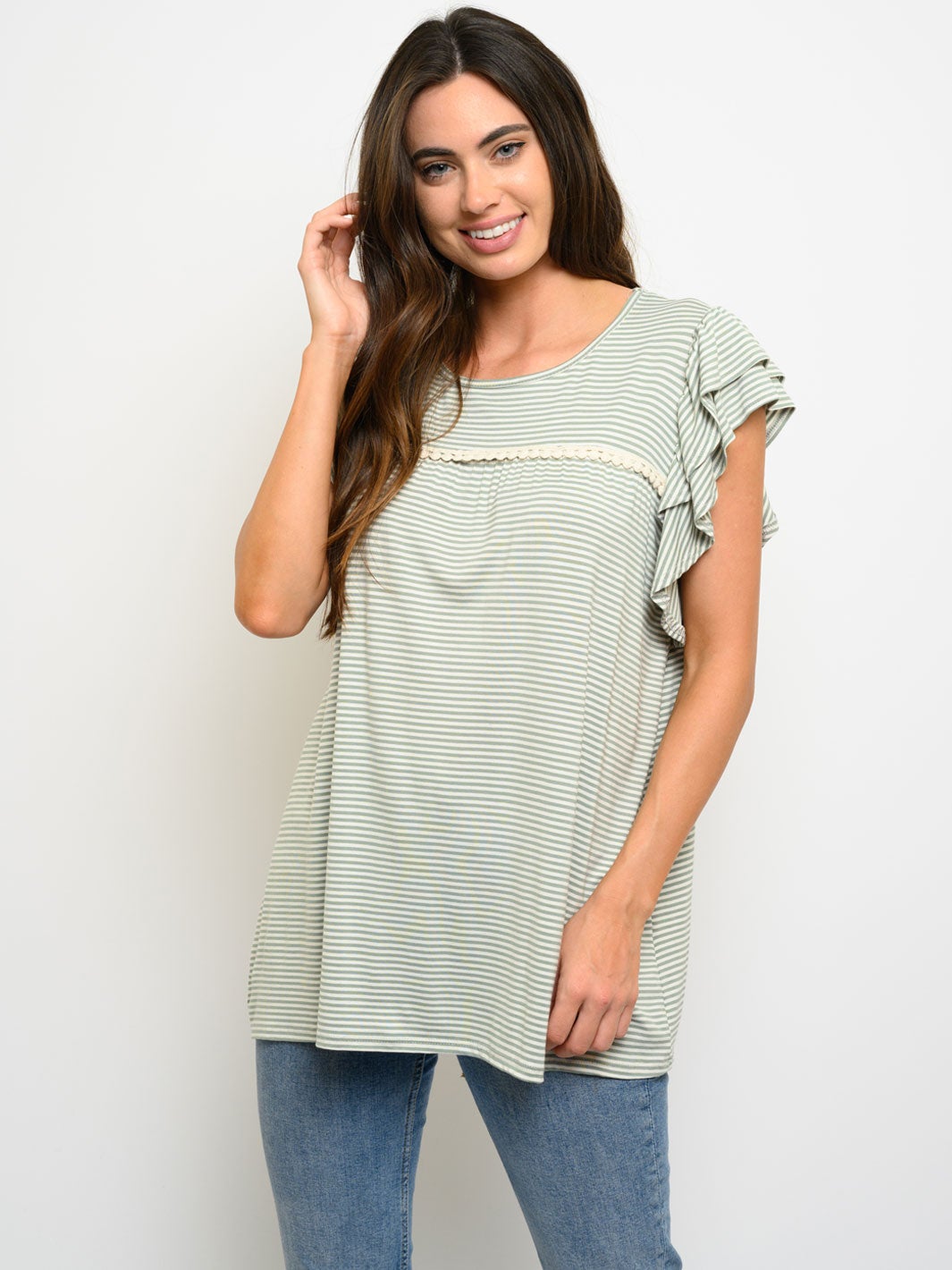 WOMEN'S RUFFLE SHORT SLEEVE STRIPES TOP