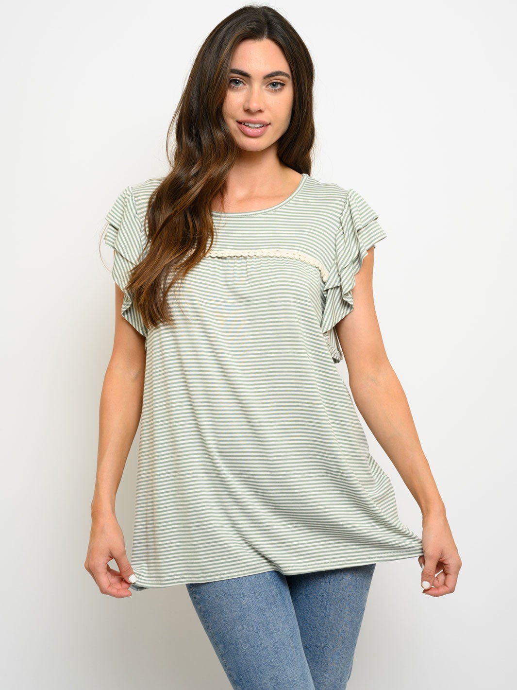 WOMEN'S RUFFLE SHORT SLEEVE STRIPES TOP
