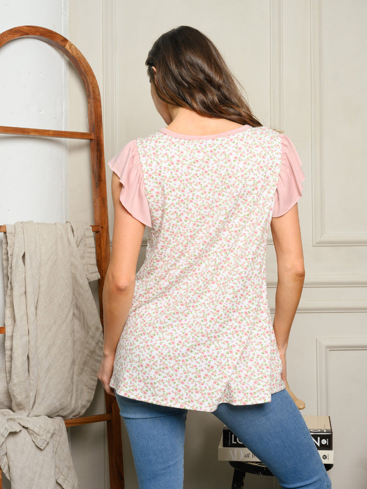 WOMEN'S SHORT SLEEVE FLORAL RUFFLE TOP