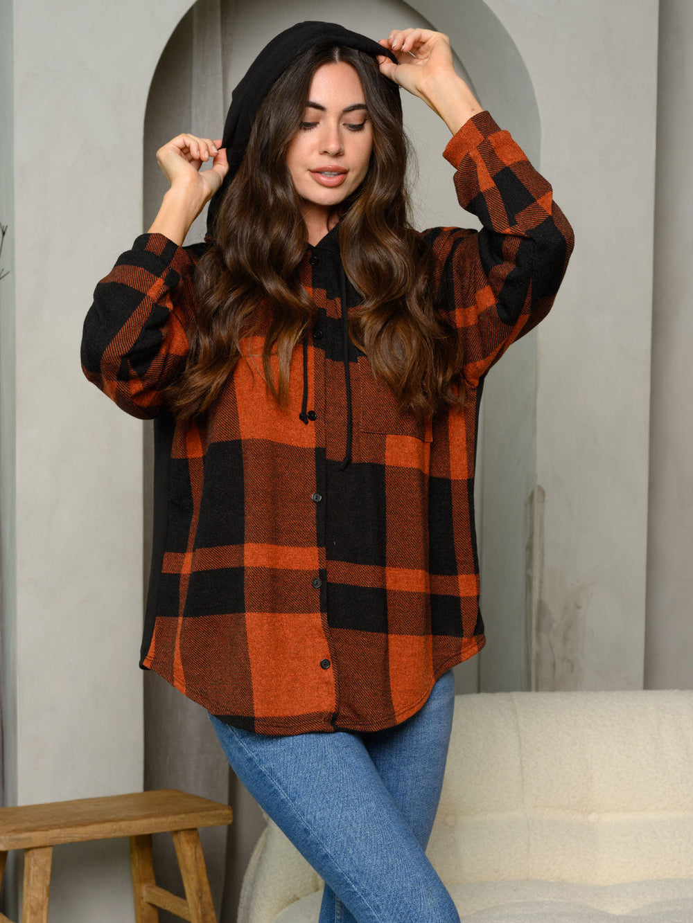 WOMEN'S LONG SLEEVE BUTTON UP PLAID HOODIE TOP