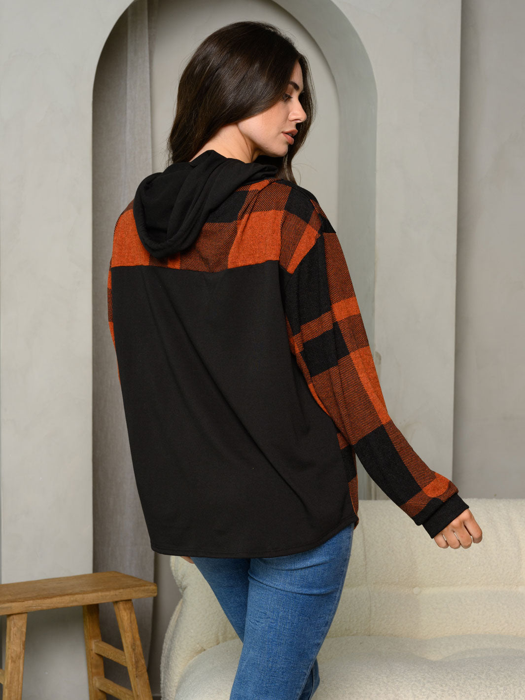 WOMEN'S LONG SLEEVE BUTTON UP PLAID HOODIE TOP