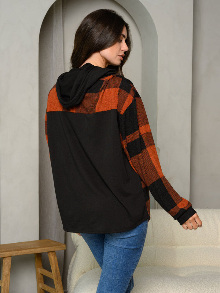 WOMEN'S LONG SLEEVE BUTTON UP PLAID HOODIE TOP