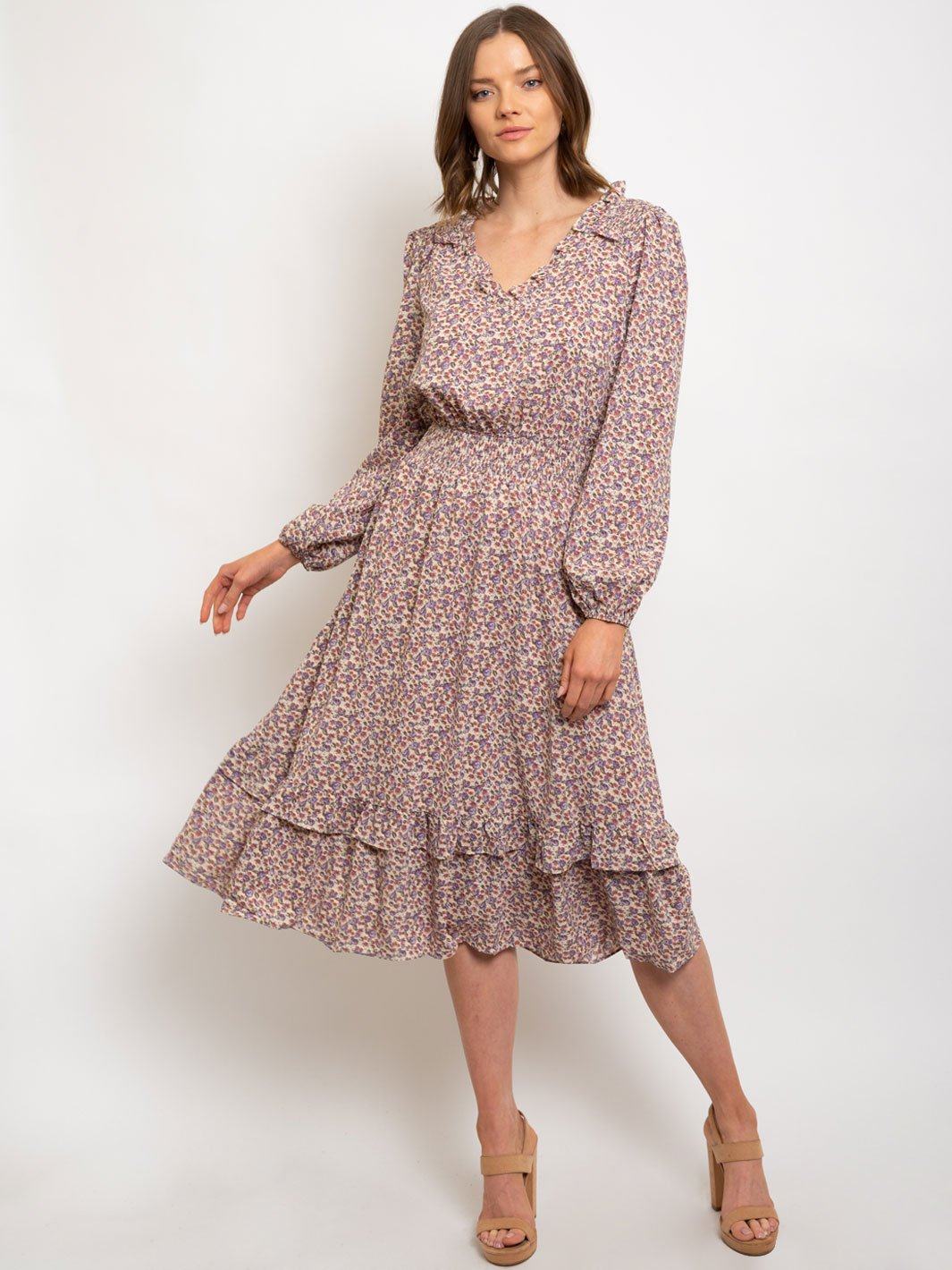 WOMEN'S DITSY PRINTED RUFFLE DETAILED WAIST SMOCKED MIDI DRESS