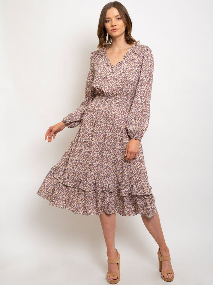 WOMEN'S DITSY PRINTED RUFFLE DETAILED WAIST SMOCKED MIDI DRESS