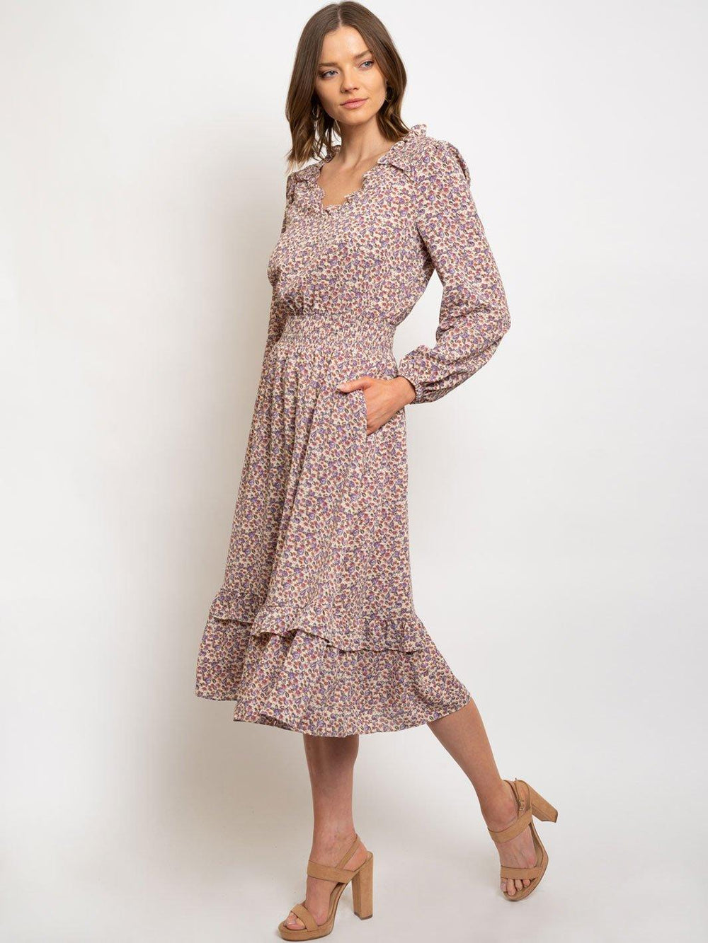 WOMEN'S DITSY PRINTED RUFFLE DETAILED WAIST SMOCKED MIDI DRESS