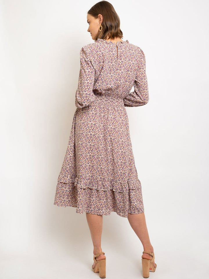 WOMEN'S DITSY PRINTED RUFFLE DETAILED WAIST SMOCKED MIDI DRESS