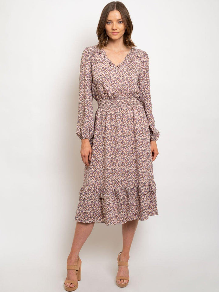 WOMEN'S DITSY PRINTED RUFFLE DETAILED WAIST SMOCKED MIDI DRESS